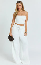Nicole Pants - High Waist Elasticated Gathered Waist Wide Leg Pants in White