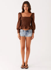 Joyce Long Sleeve Cotton Shirred Top - Chocolate