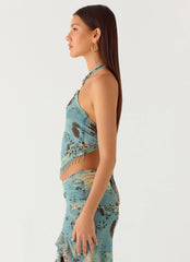 Lloyd Beaded Halter Top - Aqua Blur