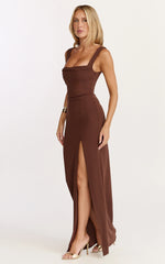 Donna Maxi Dress - Cowl Neck Column High Split Dress in Chocolate