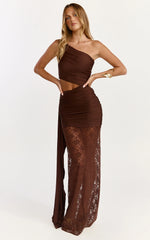 Ferguson Maxi Dress - One Shoulder Draped Jersey and Lace Dress in Chocolate