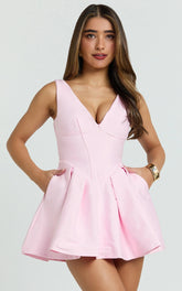 Yara Mini Dress - Plunge Corset Front V Waist Fit And Flare Dress in Pink