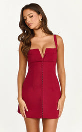 Odette Mini Dress - Plunge V Neck A Line Dress in Cherry Red