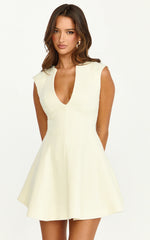 Nelson Mini Dress - Low Cut Boucle Fit & Flare Mini Dress in Cream