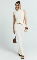 Cream Two-Piece Set: Asymmetric Top and Maxi Skirt