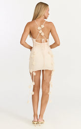 Penny Mini Dress - Draped Cowl Neck 3D Flower Fitted Dress in Cream