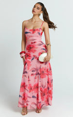 Pink Floral Cowl Neck Godet Maxi Dress