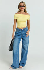 Pastel Yellow Off-Shoulder Gathered Short Sleeve Top