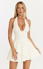 Lacey Mini Dress - Lace Corset Style Bodice Halter Dress in White
