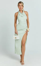 Finn Midi Dress - Folded Cowl Halter With Front Leg Split in Sage