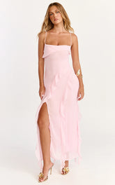 Connie Midi Dress - Ruffle Detail Dress in Pink