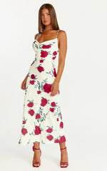Dahlia Midi Dress - Cowl Neck A Line Dress in Scarlet Rose Print