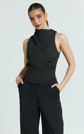 Harlene Top - Draped Tucked Neck Sleeveless Top in Black