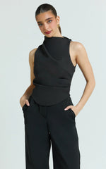 Harlene Top - Draped Tucked Neck Sleeveless Top in Black