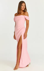 Marcel Maxi Dress - Off Shoulder Corset High Split Dress in Pink