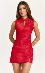 Atalia Mini Dress - Mandarin Collar Jacquard A Line Dress in Red