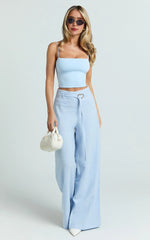 Kyra Pants - Linen Look Belted Wide Leg Pants in Blue
