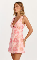 Lima Mini Dress - Plunge Neck Floral Embellished A Line Dress in Pink