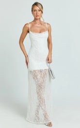 Alana Maxi Dress - Lace Sequin Cowl Neck Dress in White