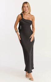 Calix Midi Dress - One Shoulder Slip Dress in Black