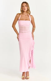 Almarie Midi Dress - Halter Neck Mesh Dress in Pink