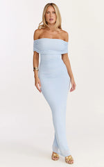 Caterina Maxi - Ruched Off Shoulder Mesh Dress in Pale Blue