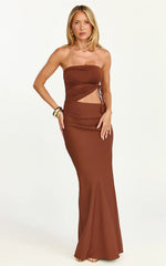 Fergie Maxi Dress - Strapless Side Ruched Cut Out Fitted Dress in chestnut brown