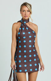 Maddox Mini Dress - Scarf Neck Low Tie Back Slip Dress in Polka Dot Print