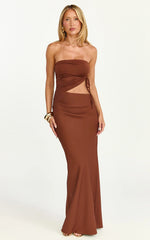 Fergie Maxi Dress - Strapless Side Ruched Cut Out Fitted Dress in chestnut brown