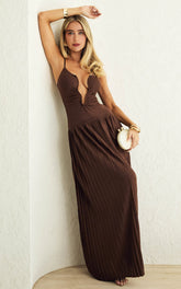 Hathaway Maxi Dress - U Shaped Neck Pleated Dress in Chocolate