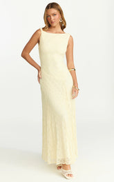 Madeleine Maxi Dress - Hight Neck A Line Dress in Lemon