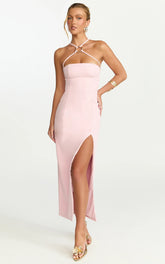 Mae Midi Dress - Resin O Ring Fitted Dress in Pink