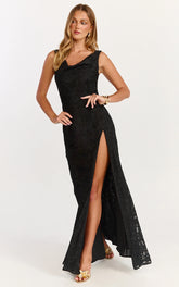 Rachel Maxi Dress - Cowl Neck Jacquard Front Split Dress in Black