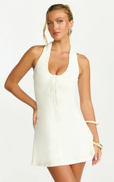 Odile Mini Dress - U Halter Neck Dress in Cream