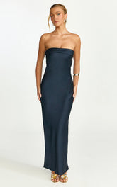 Zaya Midi Dress - Strapless Satin Slip Dress in Navy