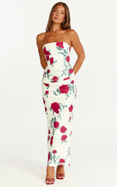 Dahlia Midi Dress - Strapless Draped Cowl Waist Fitted Dress in Scarlet Rose Print
