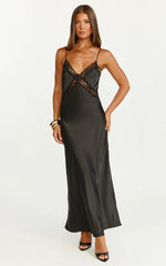 Christy Midi Dress - V Neck Lace Detail Slip Dress in Black