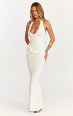 Heath Maxi Dress - Scoop Halter Neck With Drape Front Skirt Back Split Dress in Off White