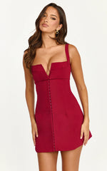 Odette Mini Dress - Plunge V Neck A Line Dress in Cherry Red