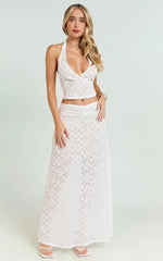 Two Piece Set - Stretch Lace Halter Top and Maxi Skirt in White