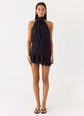 Willow Chiffon Mini Dress - Black Polkadot