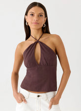 Allira Linen Halter Top - Chocolate Drizzle