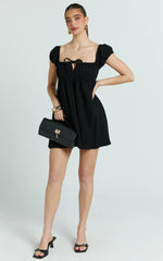 Brooks Mini Dress - Puff Sleeve Front Tie Babydoll Dress in Black
