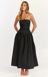 Louisa Maxi Dress - Strapless Side Ruched Dropped Waist Fit And Flare Dress in Black