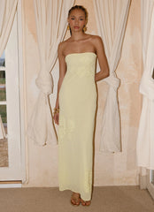 Sassafras Beaded Flower Strapless Maxi Dress - Yellow