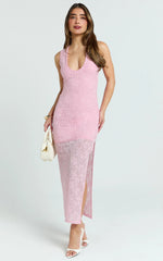 Pink Jacquard Plunge Bodycon Midi Dress