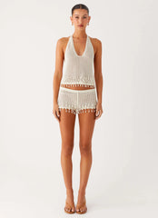 Pearl Shore Beaded Crochet Mini Shorts - Ivory