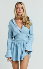 Pale Blue Collared Long Sleeve Corset Waist Mini Shirt Dress