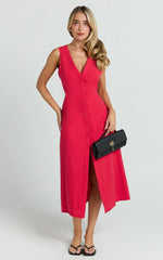 Red Button Through V Neck Midi Dress