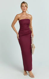 Jamie Maxi Dress - Strapless Ruched Fitted Column Dress in Wine